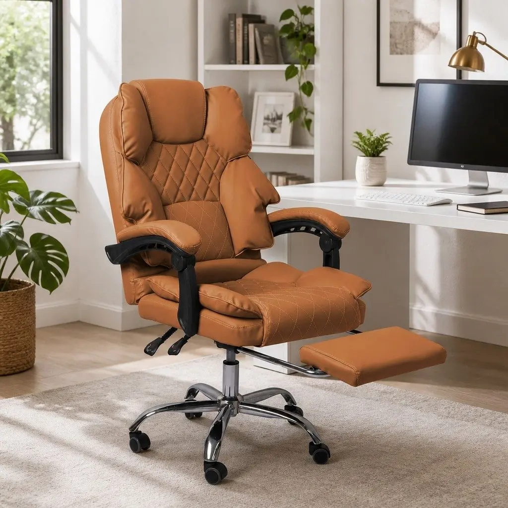 Gaming Office Chair Ergonomic Reclining Adjustable Height Brown PU Leather