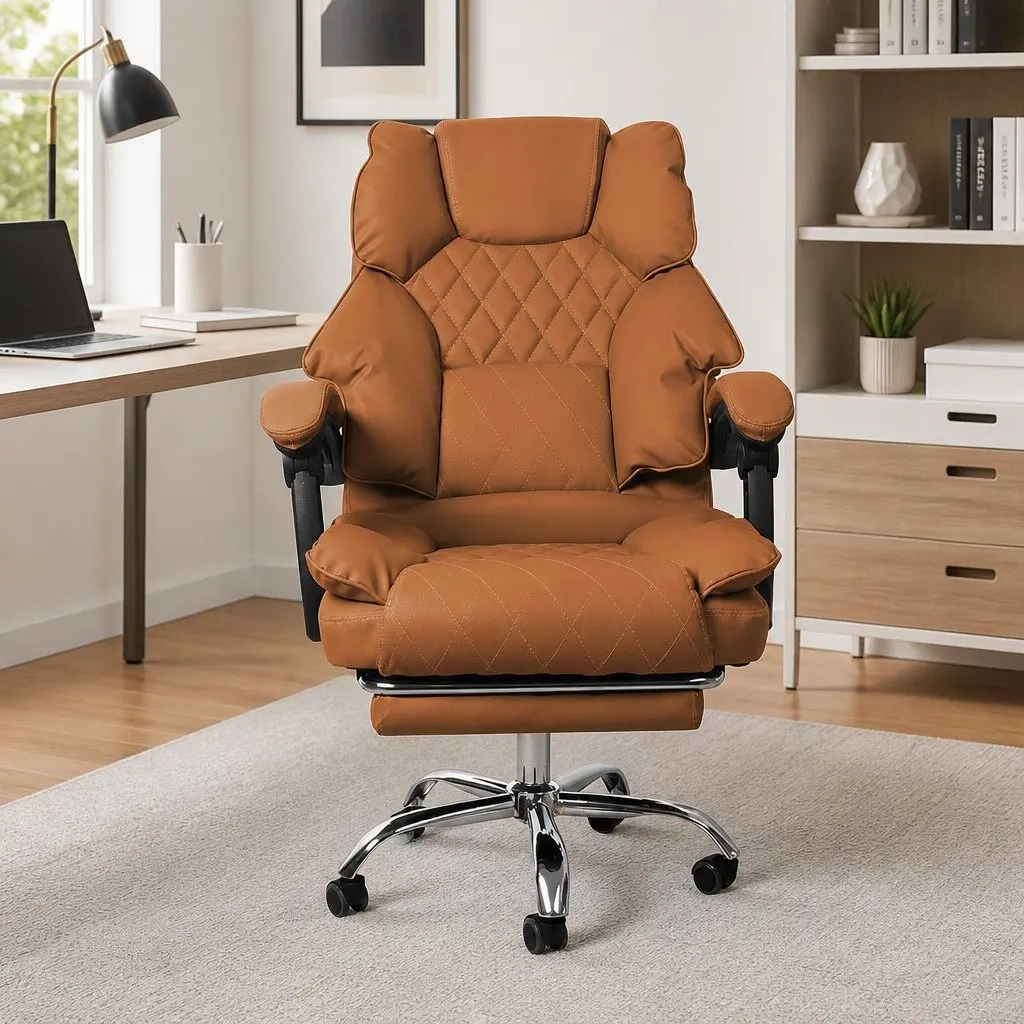 Gaming Office Chair Ergonomic Reclining Adjustable Height Brown PU Leather