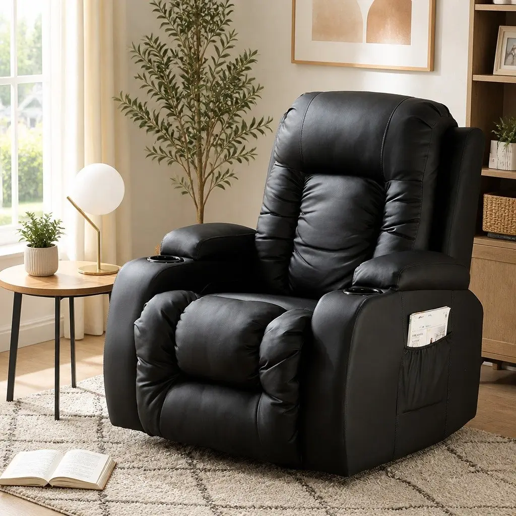 Massage Recliner Chair 360 Swivel Heated Lumbar Support Adjustable Backrest Footrest Faux PU Leather Black