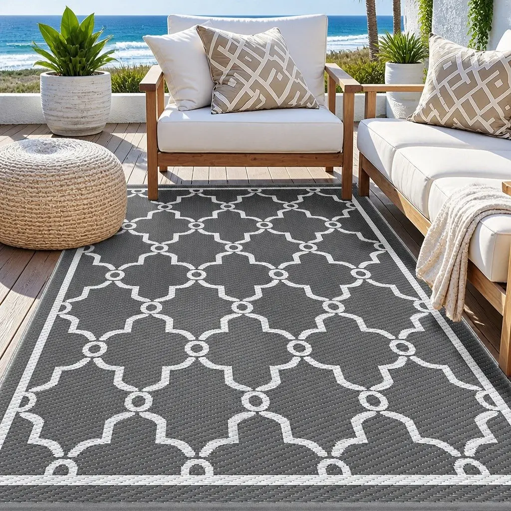 Outdoor Rug Reversible Dual-Sided 152x244cm Grey Polypropylene Area Mat for Patio Backyard Garden