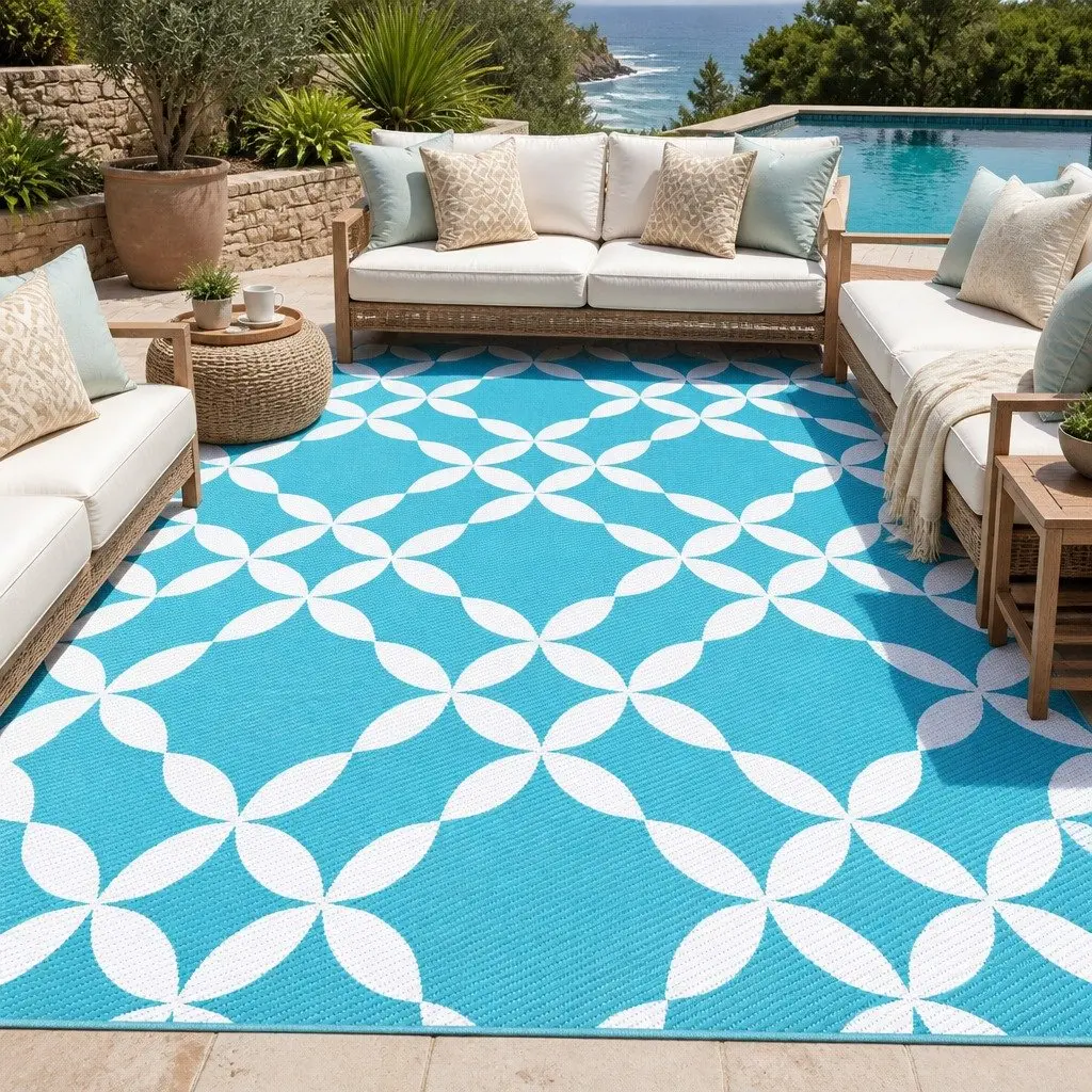 Outdoor Rug Reversible Dual-Sided Weather-Resistant Large Mat Light Blue