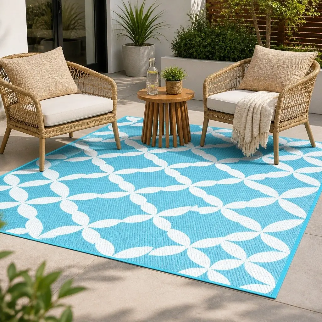Outdoor Rug Reversible Dual-Sided Weather-Resistant Large Mat Light Blue