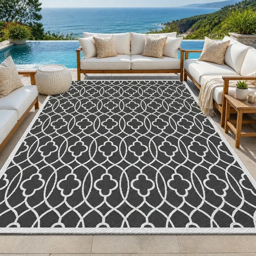 Outdoor Rug Reversible Dual-Sided 274x366cm Grey Weather-Resistant Carpet for Patio Deck Garden