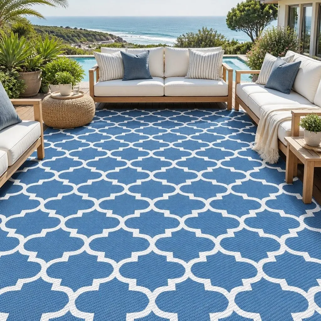 Outdoor Rug Reversible Dual-Sided 274x366cm Blue Polypropylene Carpet