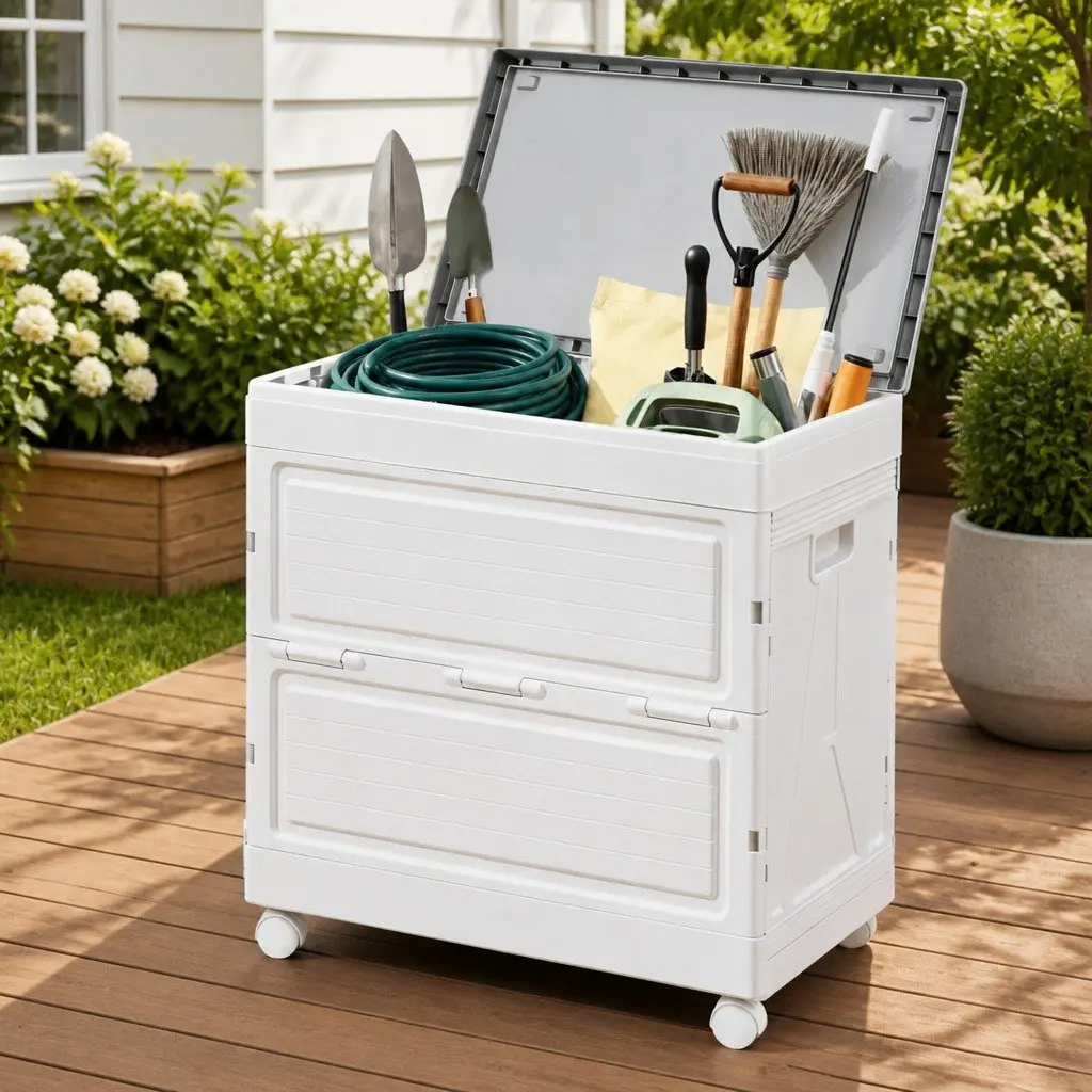 Outdoor Storage Box 159L Stackable Beige Wheels Portable Foldable Garden