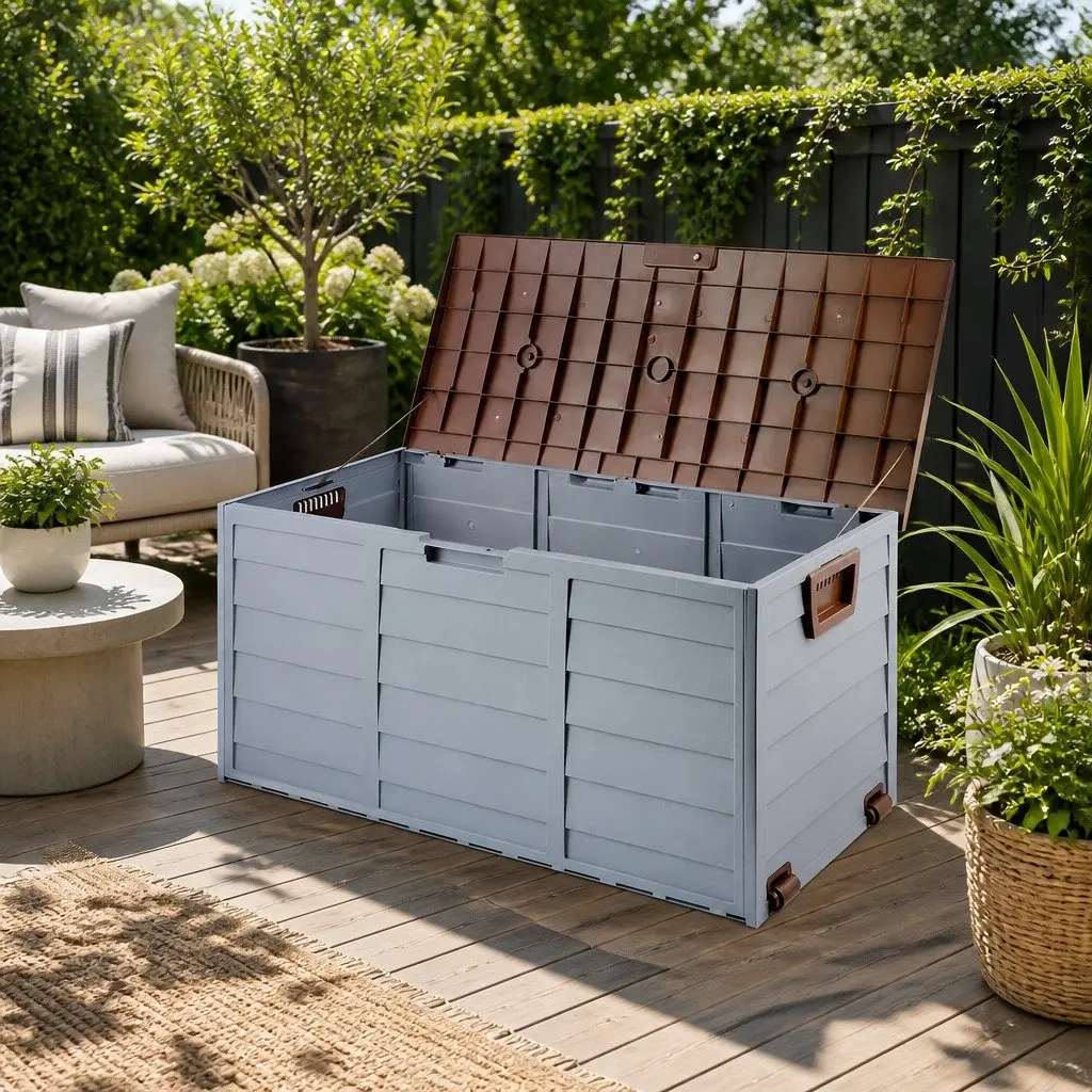 Outdoor Storage Box 290L Lockable Organiser Garden Deck Shed Tool Brown Wheels