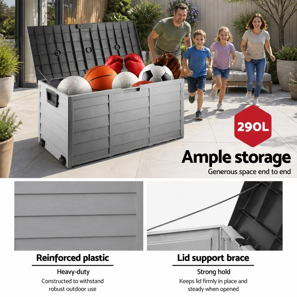 Outdoor Storage Box Lockable 290L Weather-resistant Black Polypropylene with Wheels