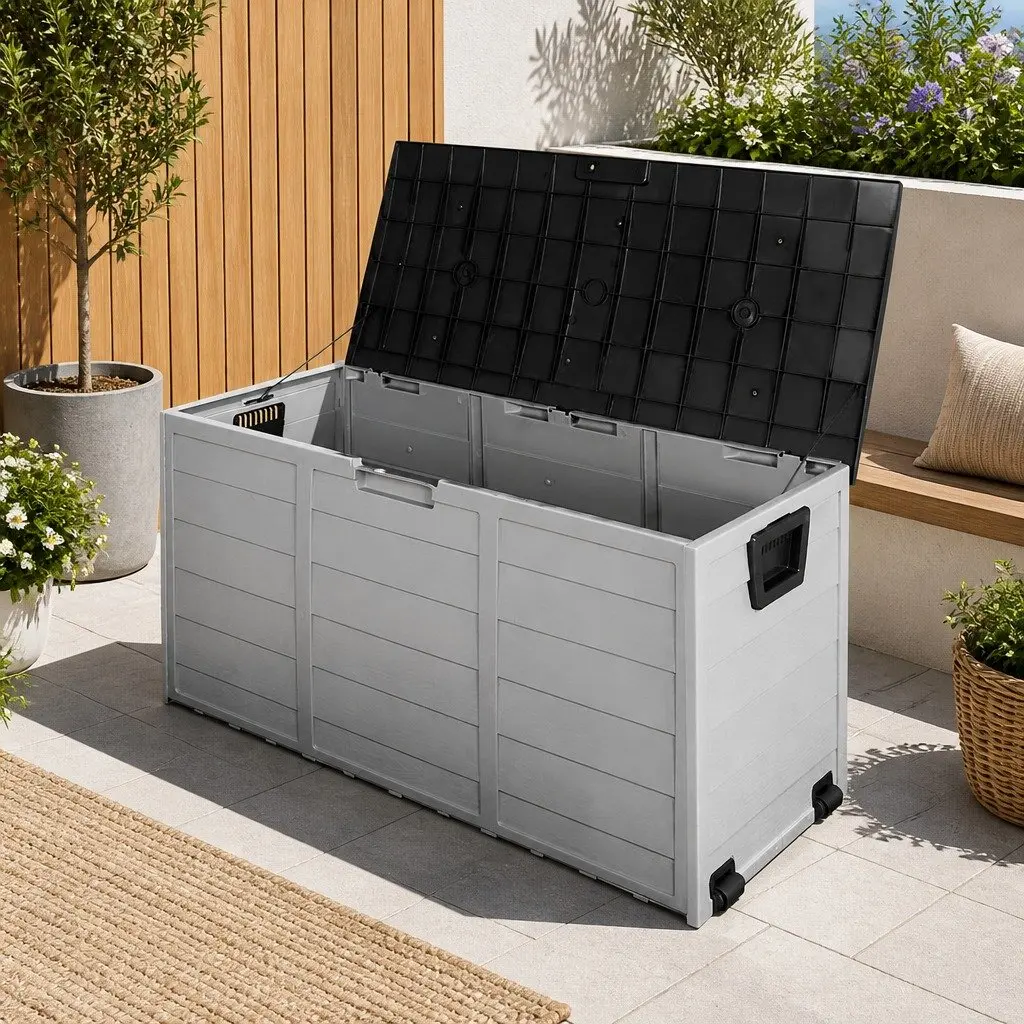 Outdoor Storage Box Lockable 290L Weather-resistant Black Polypropylene with Wheels
