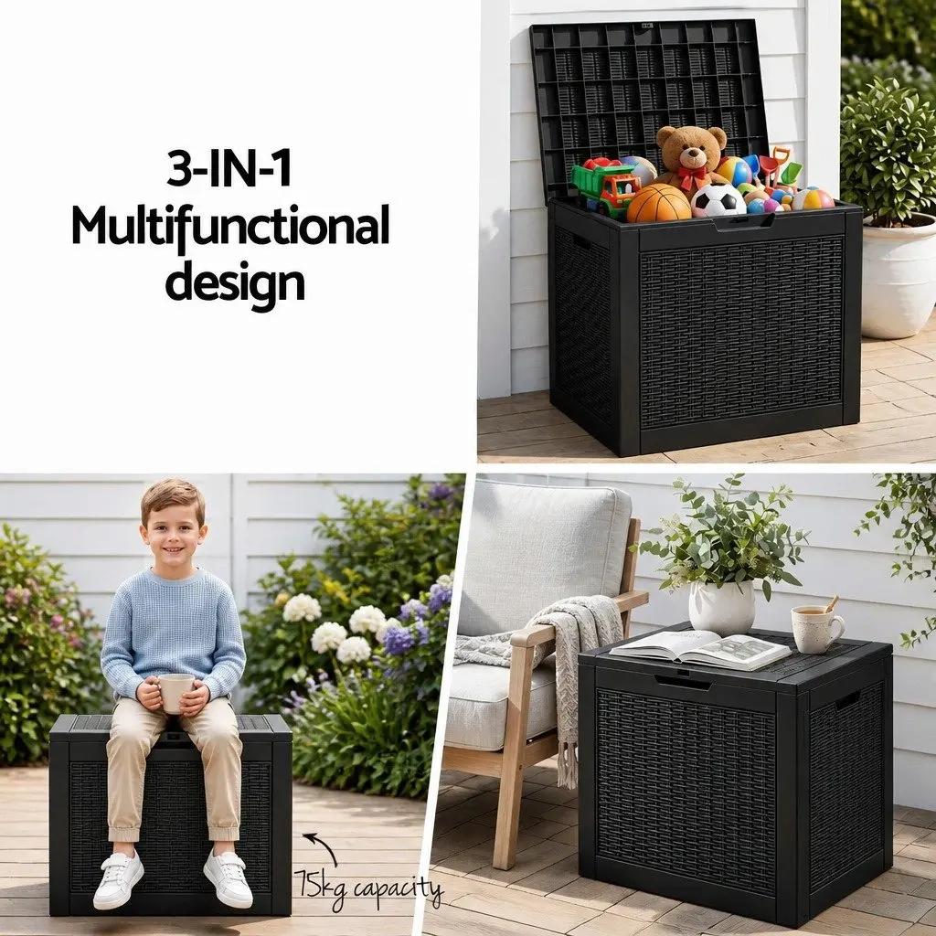 Outdoor Storage Box Lockable Lid 118L Rattan Texture Black