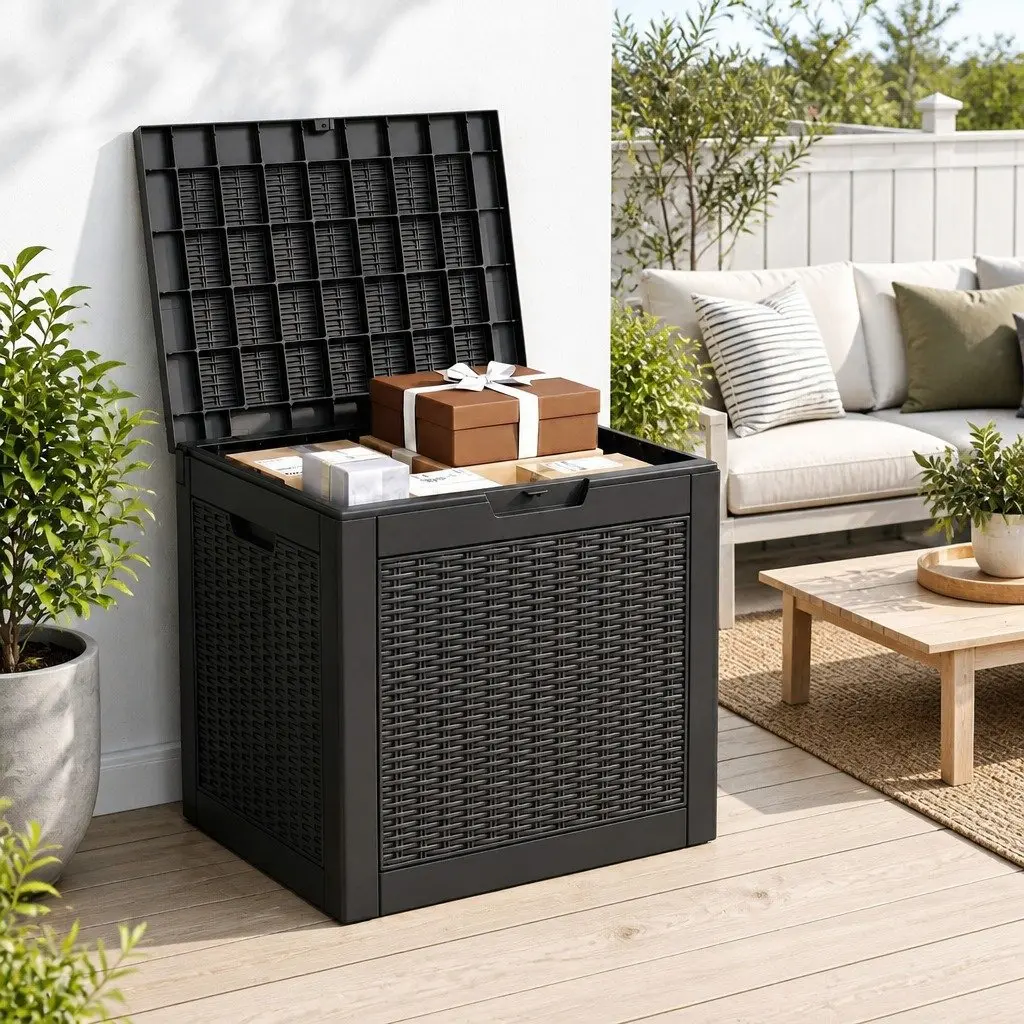 Outdoor Storage Box Lockable Lid 118L Rattan Texture Black