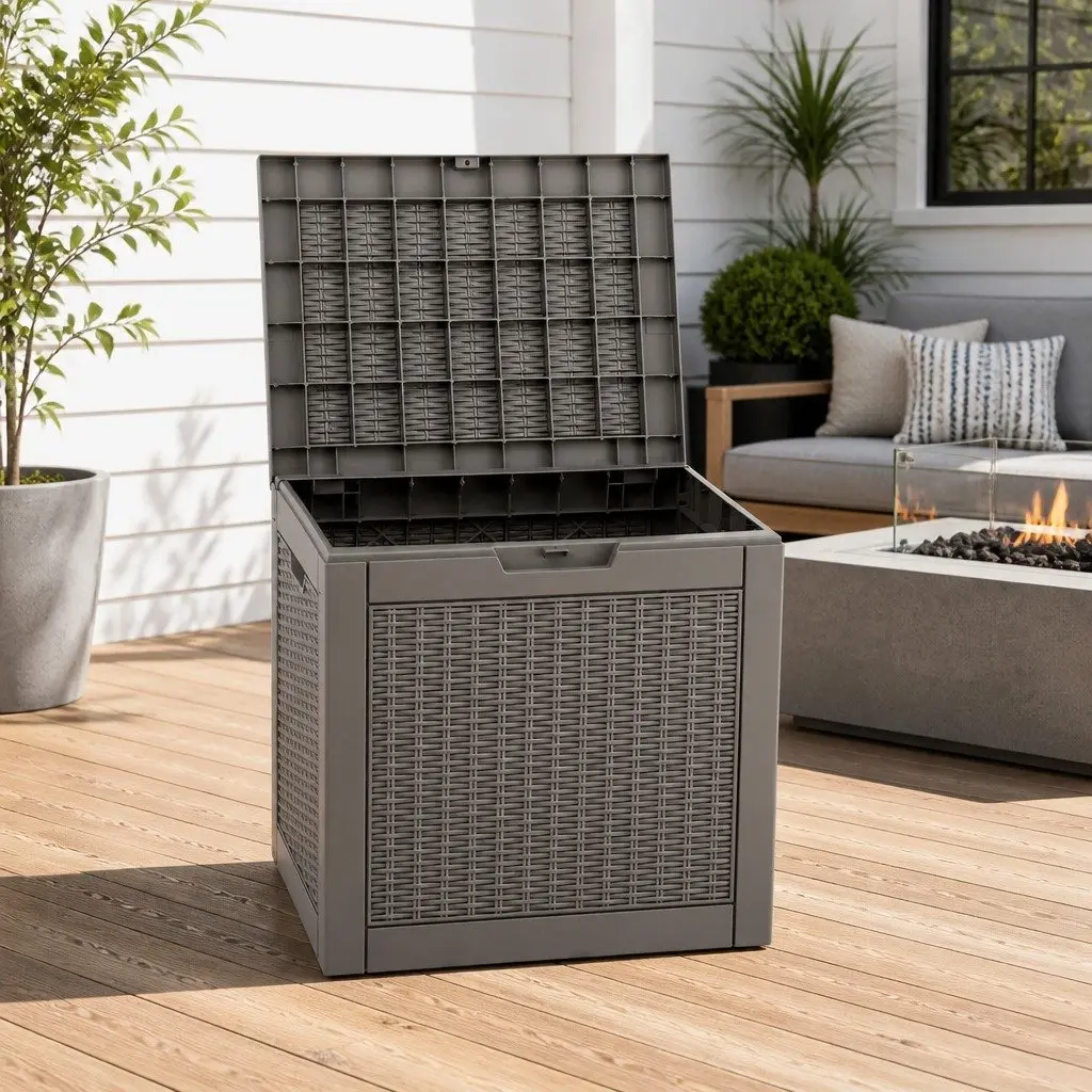 Outdoor Storage Box Lockable 118L Rattan-Texture Brown