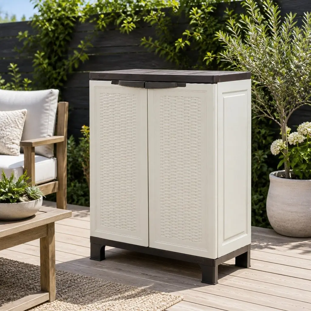 Outdoor Storage Cabinet 92cm Lockable Cupboard Adjustable Shelf Beige Rattan Box