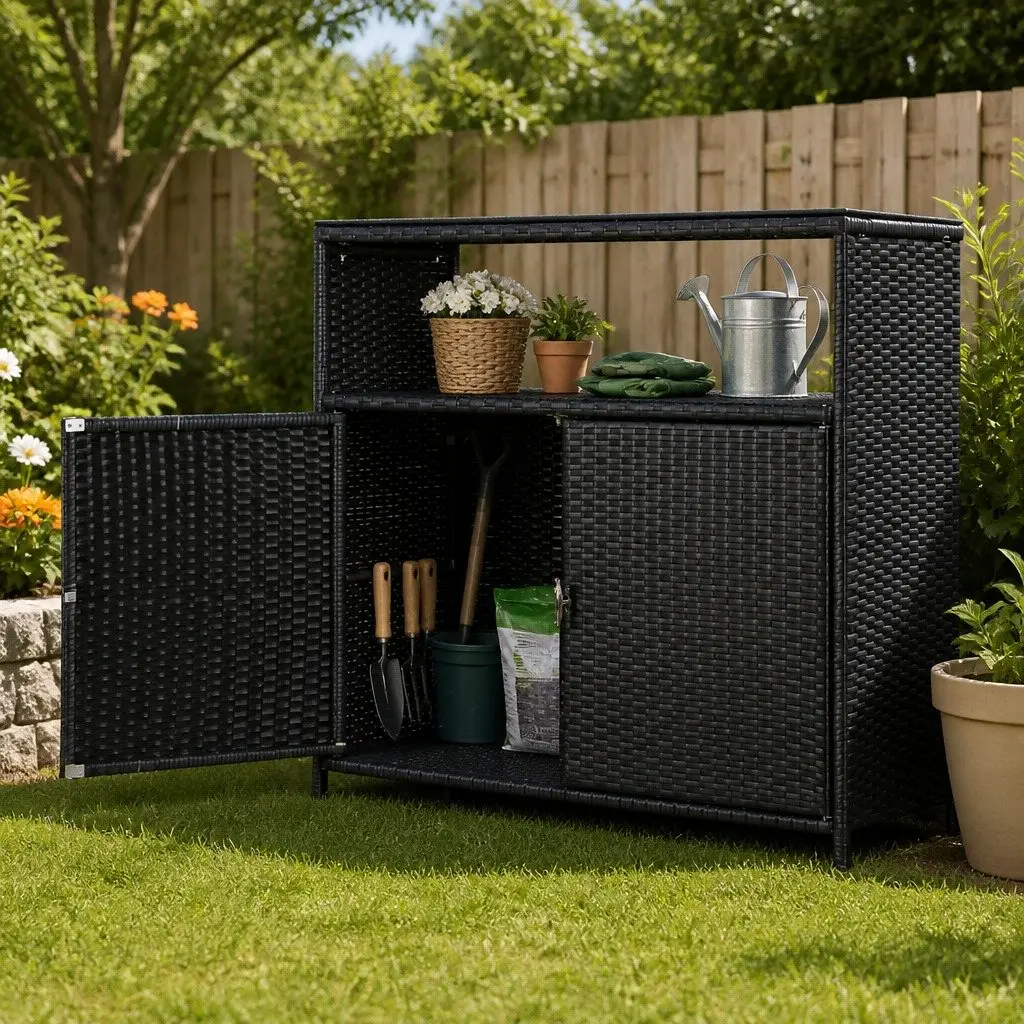 Outdoor Storage Cabinet Black Wicker Shed Box Garage Tools Chest Garden