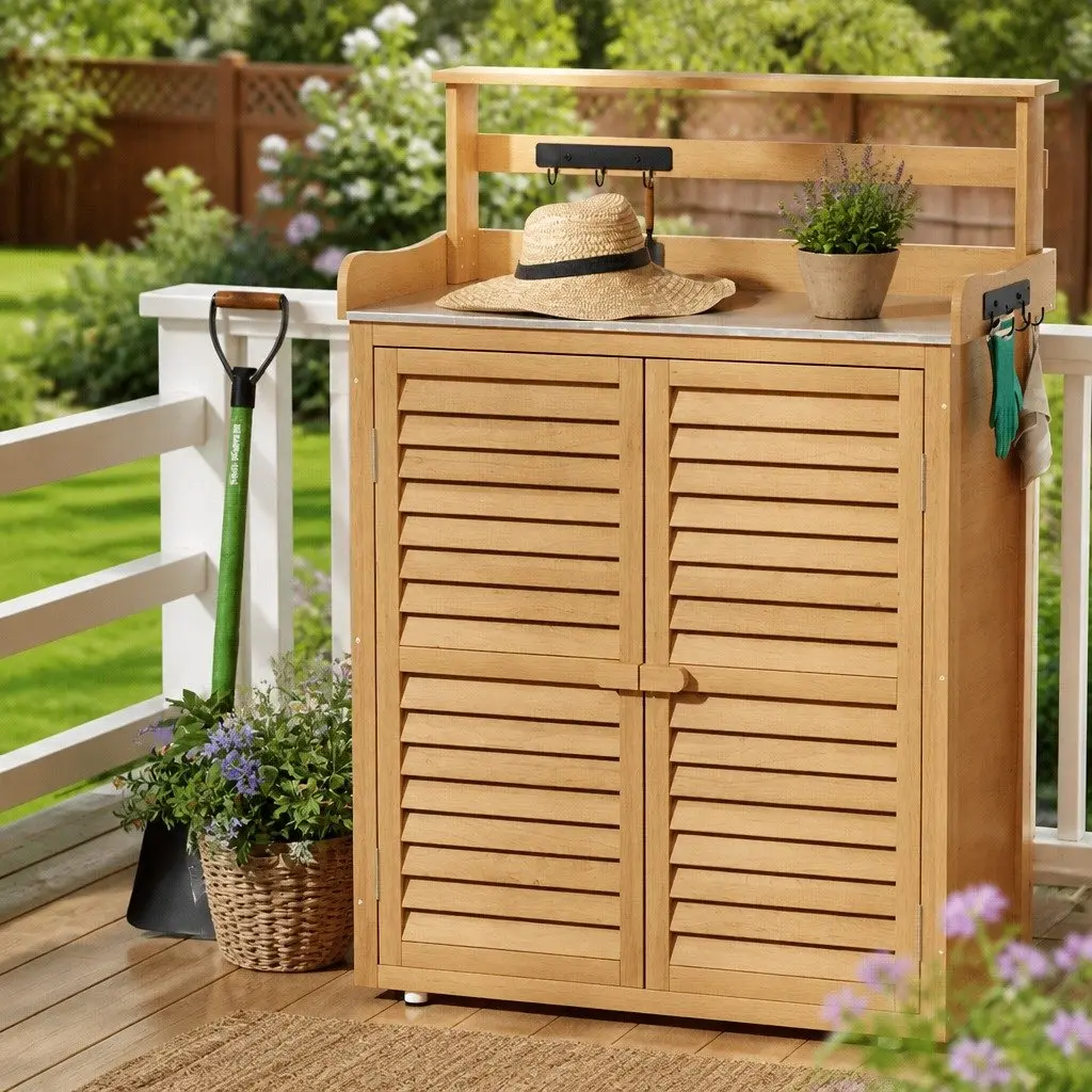 Outdoor Storage Cabinet 2-in-1 Potting Bench with Shelving Unit Natural Wood 87L x 45W x 120H cm