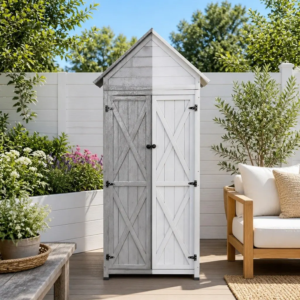 Outdoor Storage Cabinet Cupboard Lockable Tool Organizer Shed Grey Adjustable 3