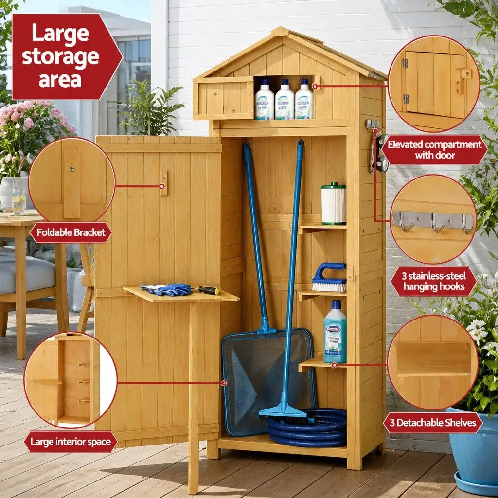 Outdoor Storage Cabinet Wooden Tool Organizer with Lockable Compartment and Foldable Work Table Natural