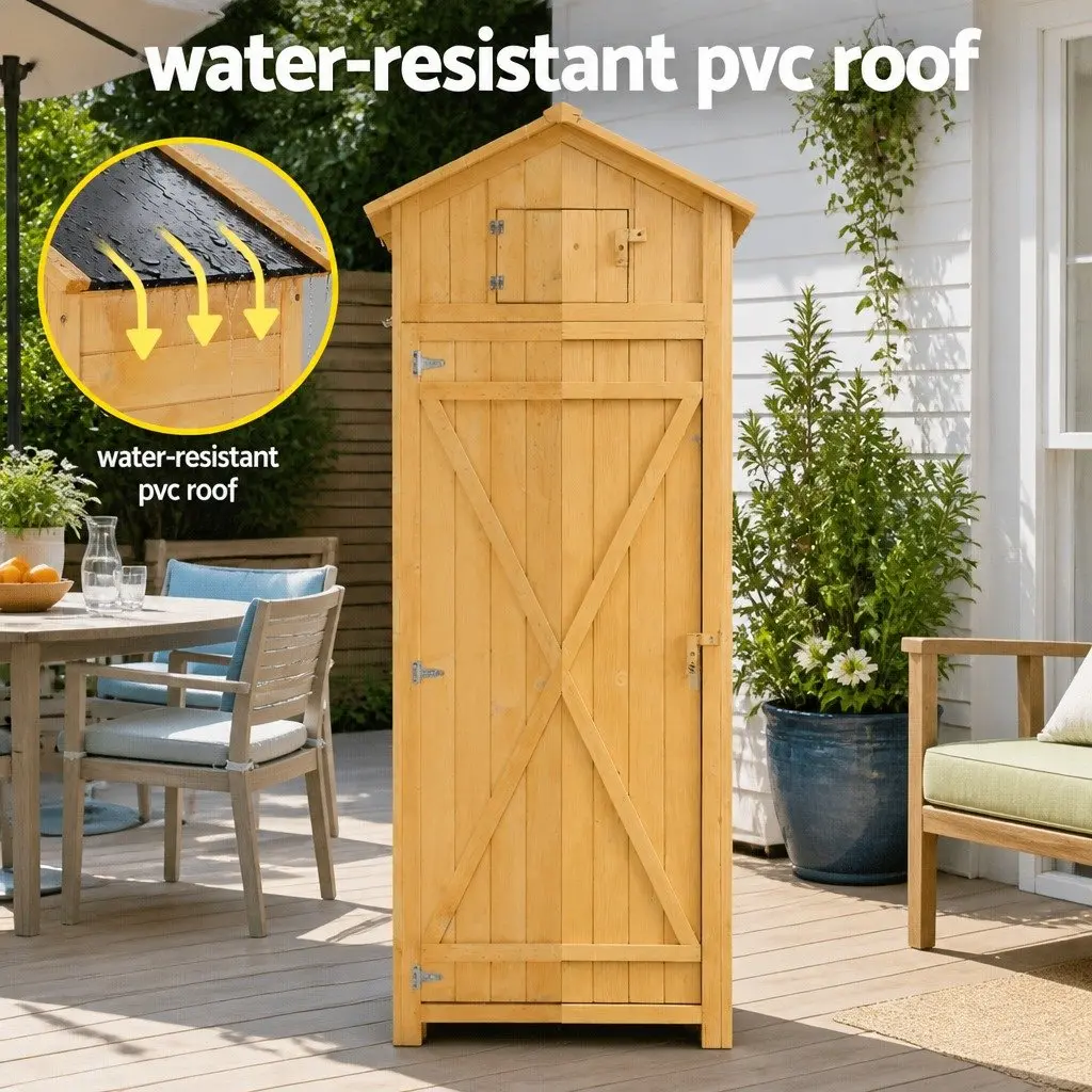 Outdoor Storage Cabinet Wooden Tool Organizer with Lockable Compartment and Foldable Work Table Natural