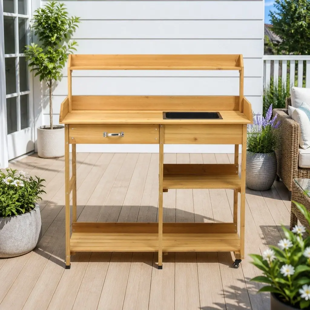 Outdoor Potting Bench Garden Workstation Storage Cabinet with Drawers Wheels