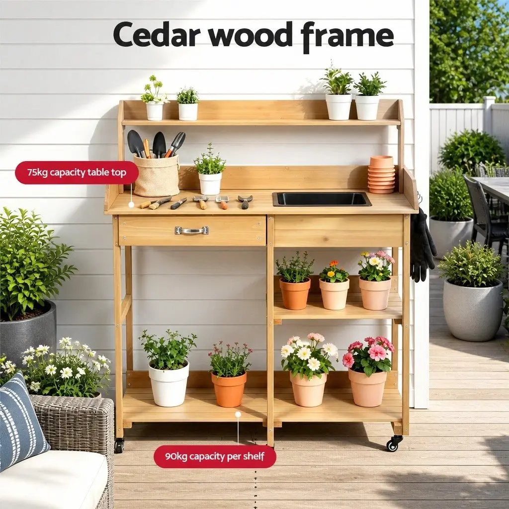 Outdoor Potting Bench Garden Workstation Storage Cabinet with Drawers Wheels