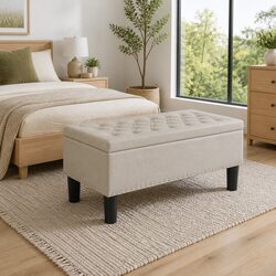 Storage Ottoman Blanket Box 96cm Taupe Linen Footstool Seat Lift Lid