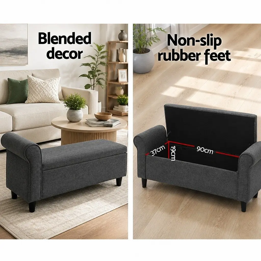 Storage Ottoman Armrest Lift-up Lid 125cm Faux Linen Grey Footstool