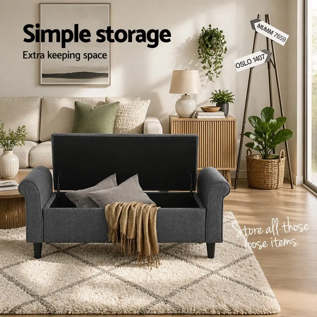 Storage Ottoman Armrest Lift-up Lid 125cm Faux Linen Grey Footstool