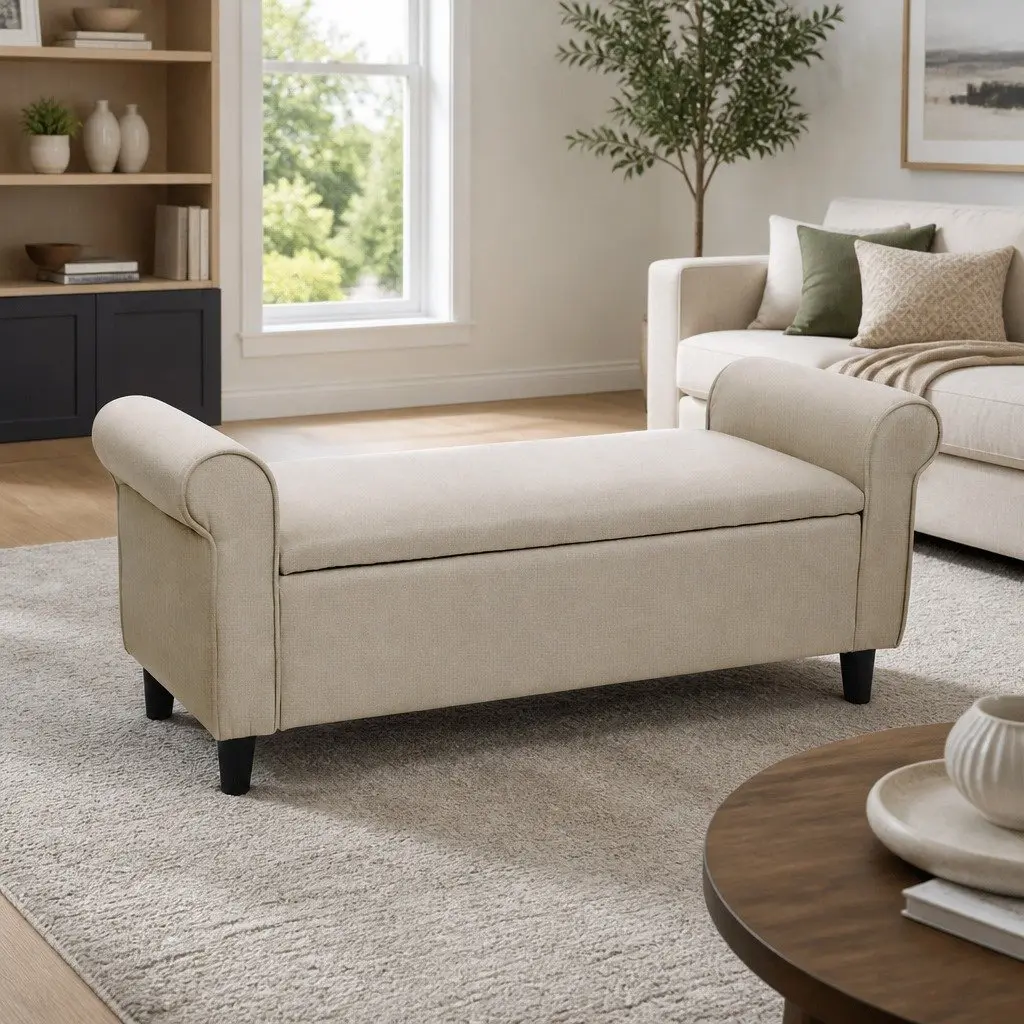 Storage Ottoman Blanket Box 125cm with Armrests Lift-up Lid Faux Linen Footstool