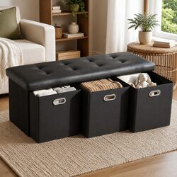 Storage Ottoman Footstool with 3 Cube Drawers Foldable Seat Rest Black
