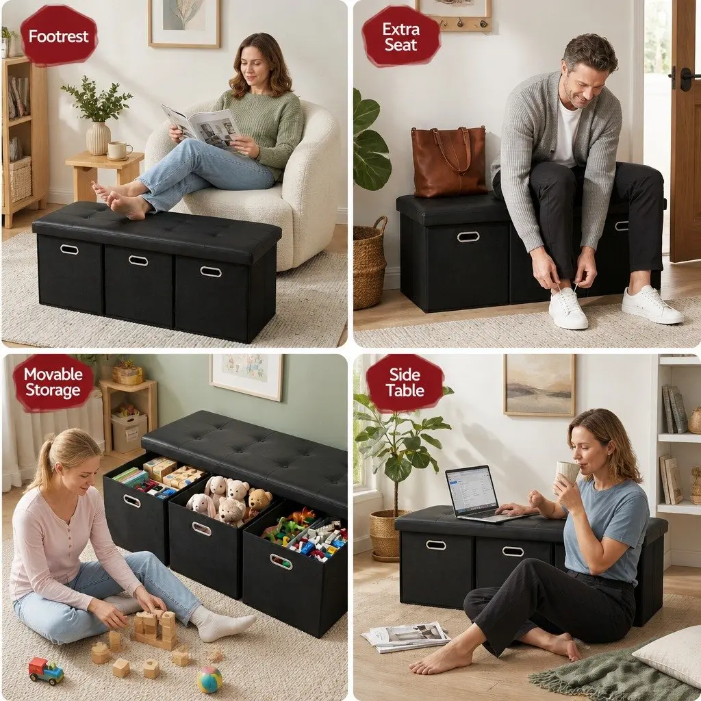 Storage Ottoman Footstool with 3 Cube Drawers Foldable Seat Rest Black