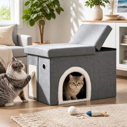 Storage Ottoman Footstool Cat Litter Box Enclosure Foldable Grey Living Room
