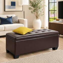 Storage Ottoman Blanket Box 97cm Brown Lift-Up Lid Faux Leather Furniture