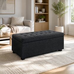 Storage Ottoman Blanket Box 97cm Charcoal Faux Linen Lift-Up Lid Home Furniture