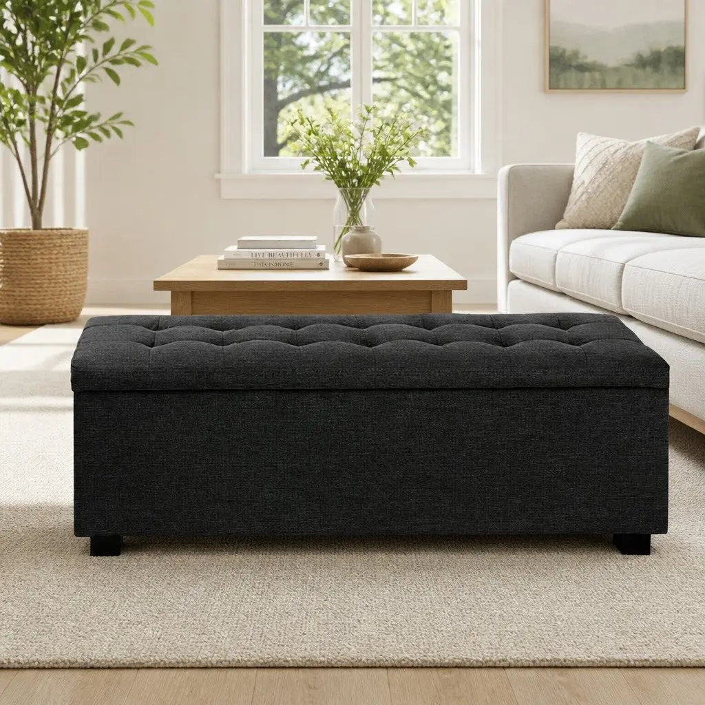 Storage Ottoman Lift-Up Lid 97cm Charcoal Faux Linen Home Furniture