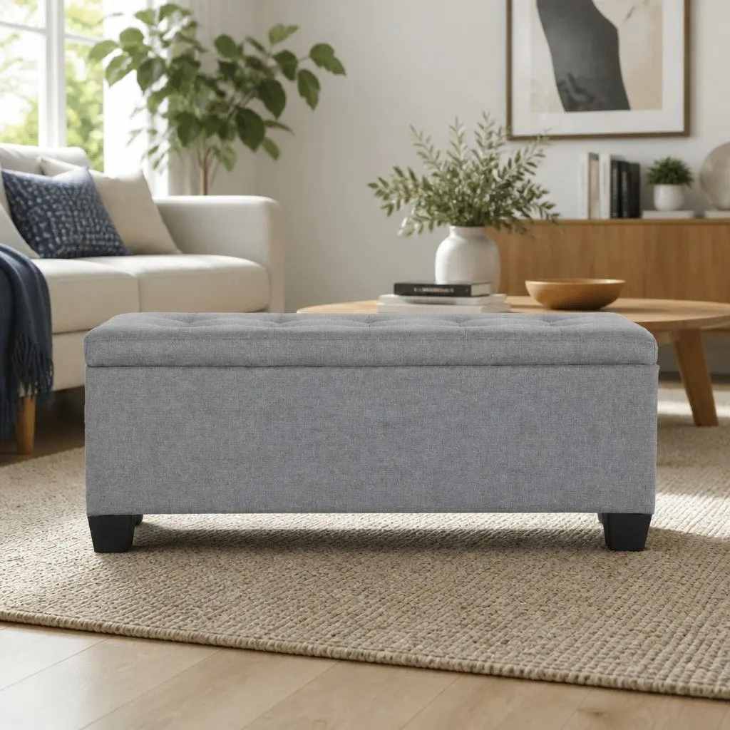 Storage Ottoman Lift-Up Lid 97cm Grey Linen