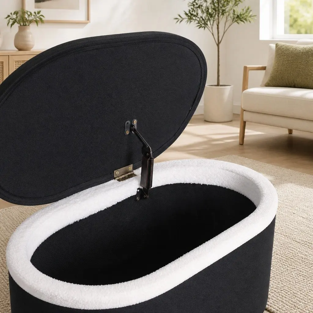 Storage Ottoman Blanket Box 87cm Oval Boucle Upholstered Hinged Lid Footstool