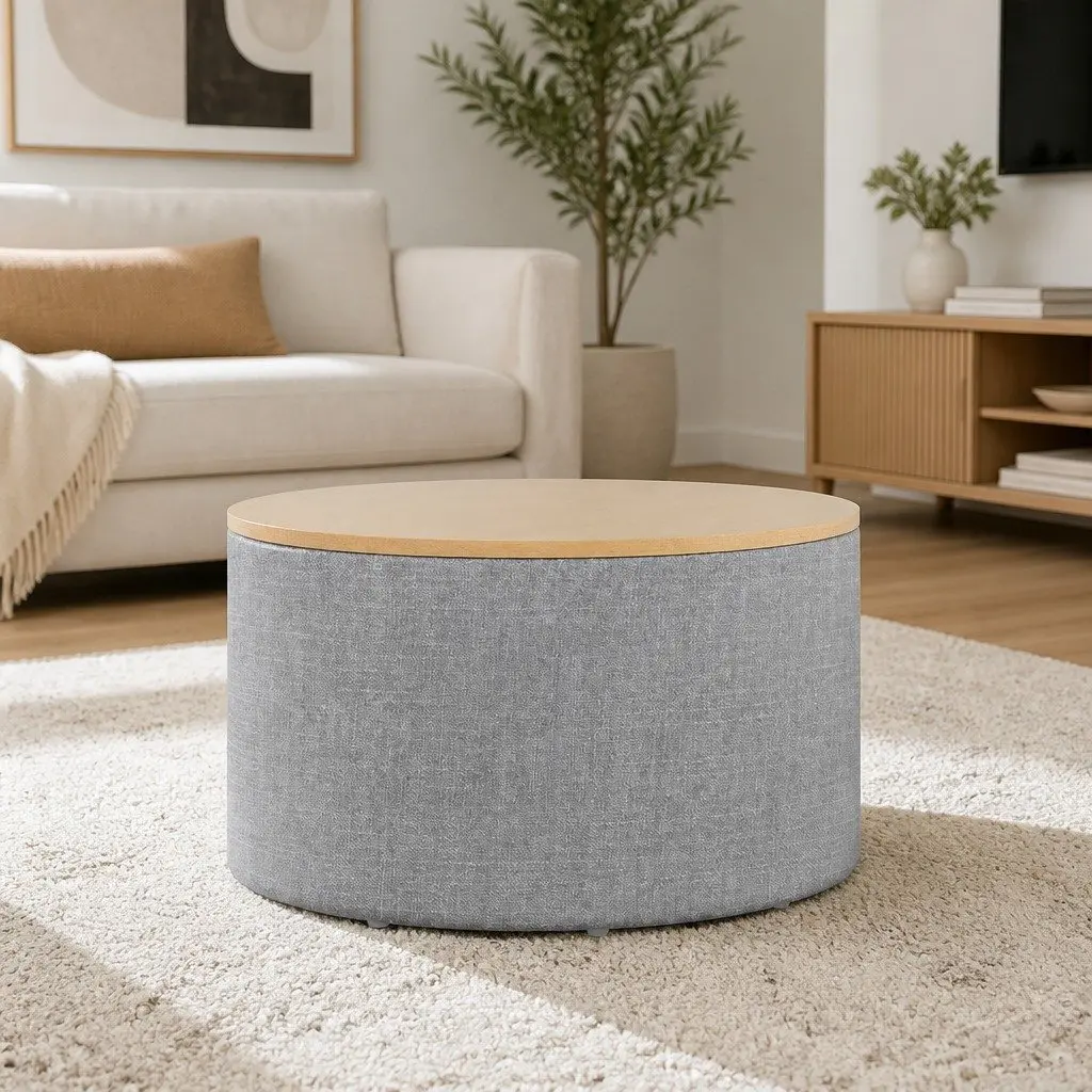 Round Storage Ottoman Blanket Box 60cm Faux Linen Upholstered Footstool Grey