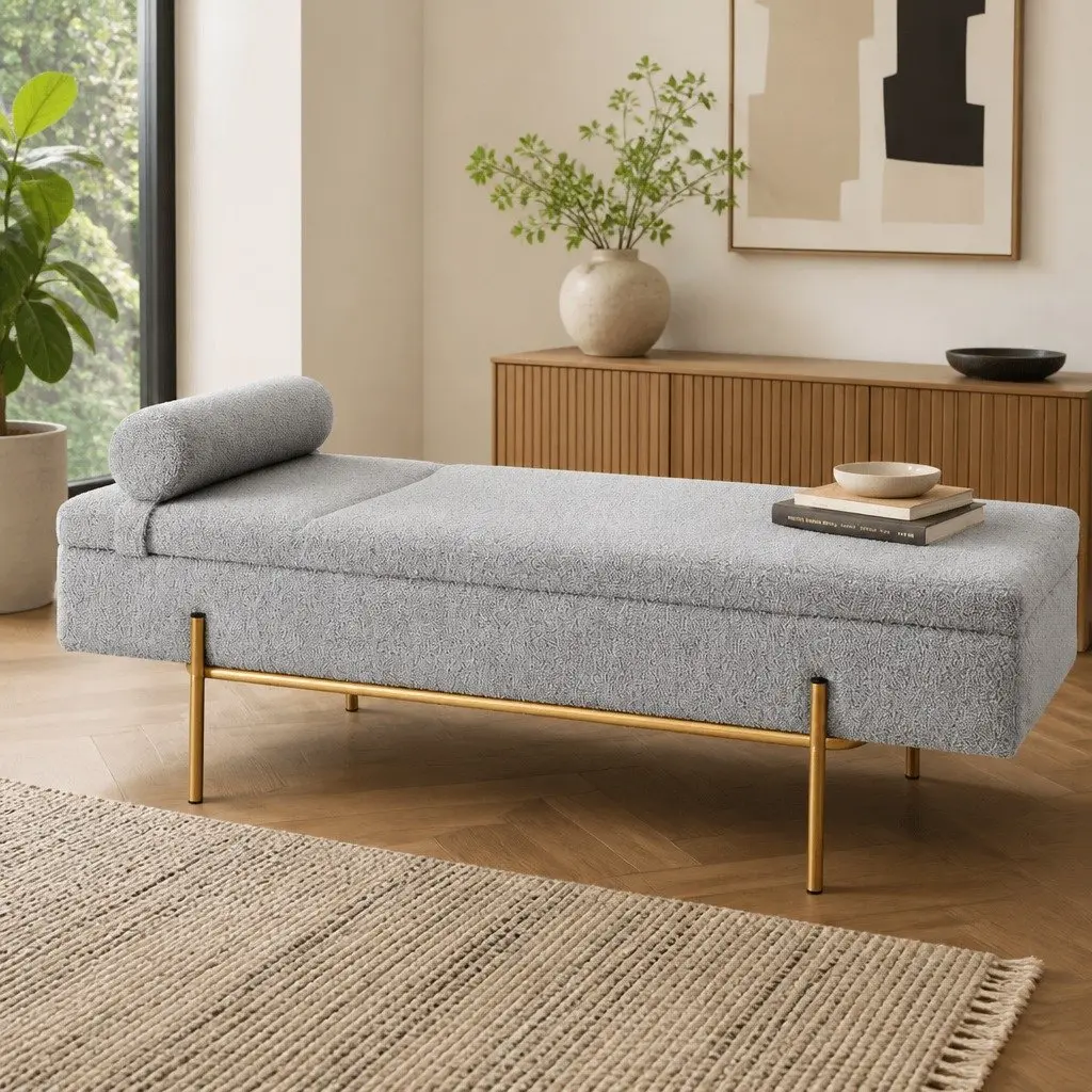 Storage Ottoman Bed 140cm Grey Boucle Detachable Pillow Footstool Hidden Storage