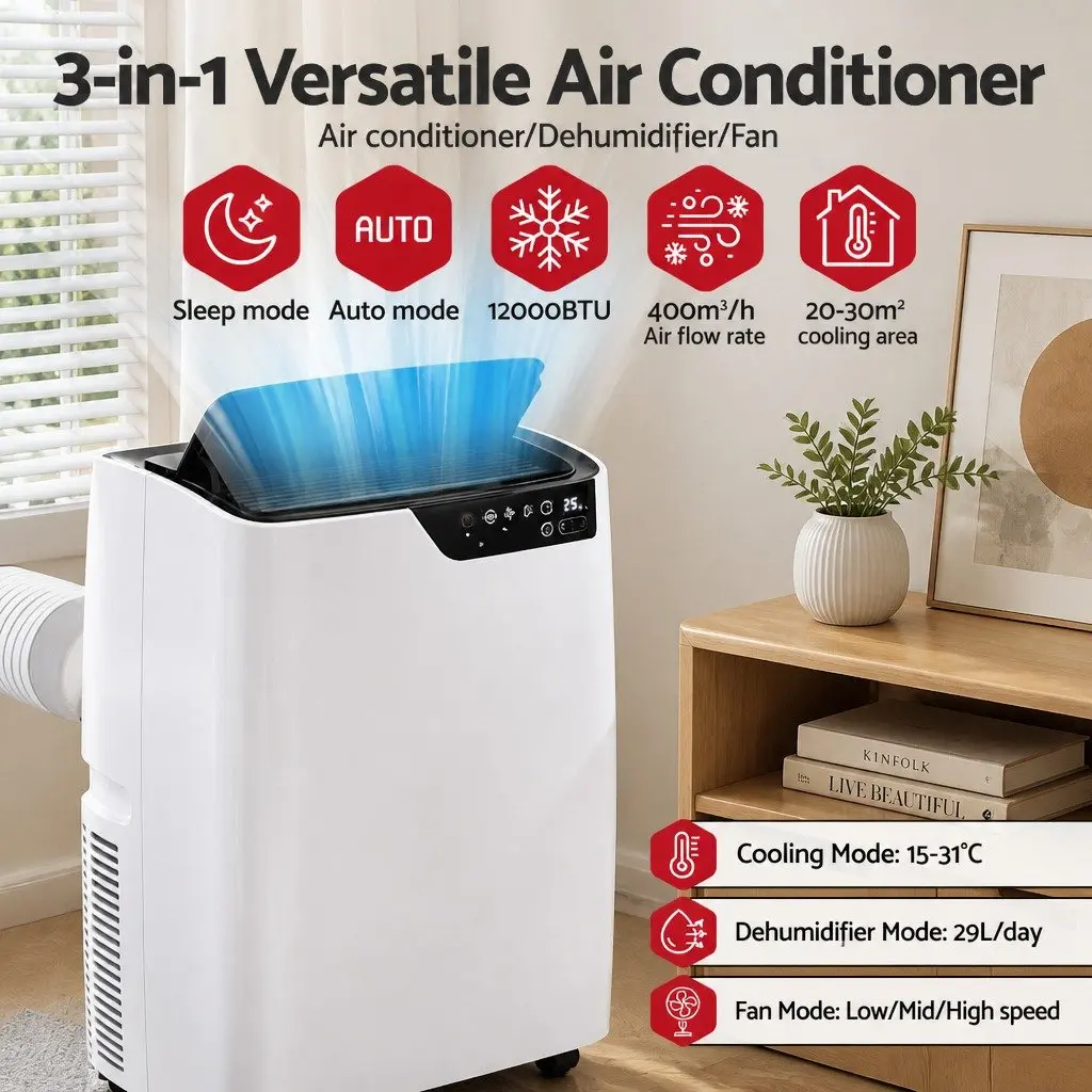 Portable Air Conditioner 12000BTU Dehumidifier Fan Cooler Remote Control White