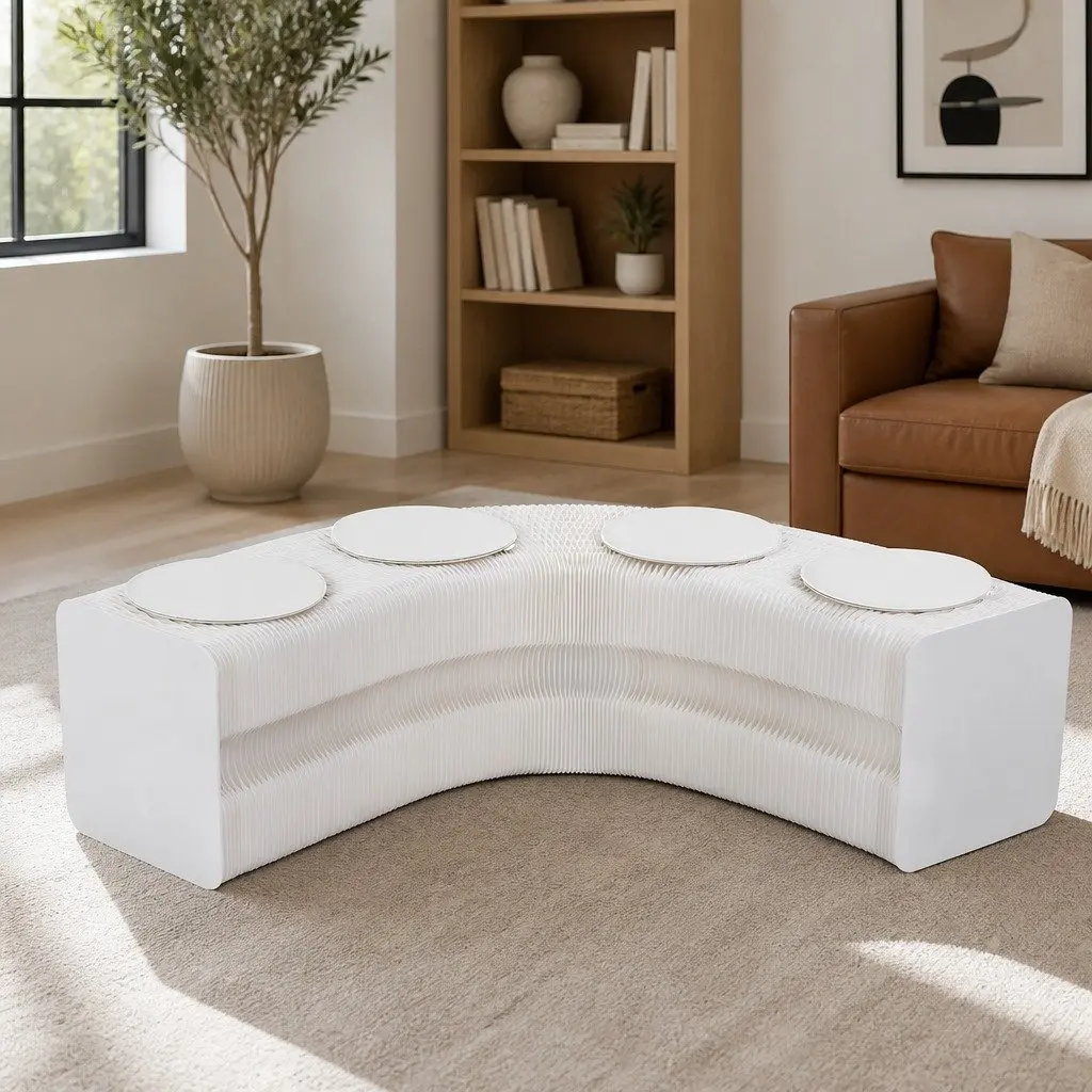 Folding Paper Bench Expandable Accordion Stool with 4 PU Leather Seat Pads White