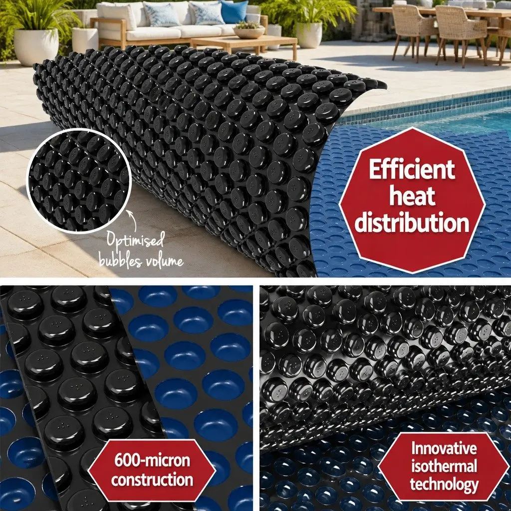 Pool Cover 10m x 4m 600 Micron Solar Blanket Heat Retention Bubble Blue Black