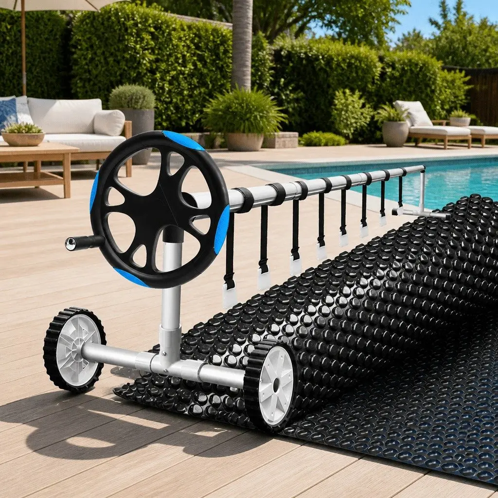 Solar Pool Cover 10x4m 600 Micron with Aluminium Roller 5.55m Black Blue