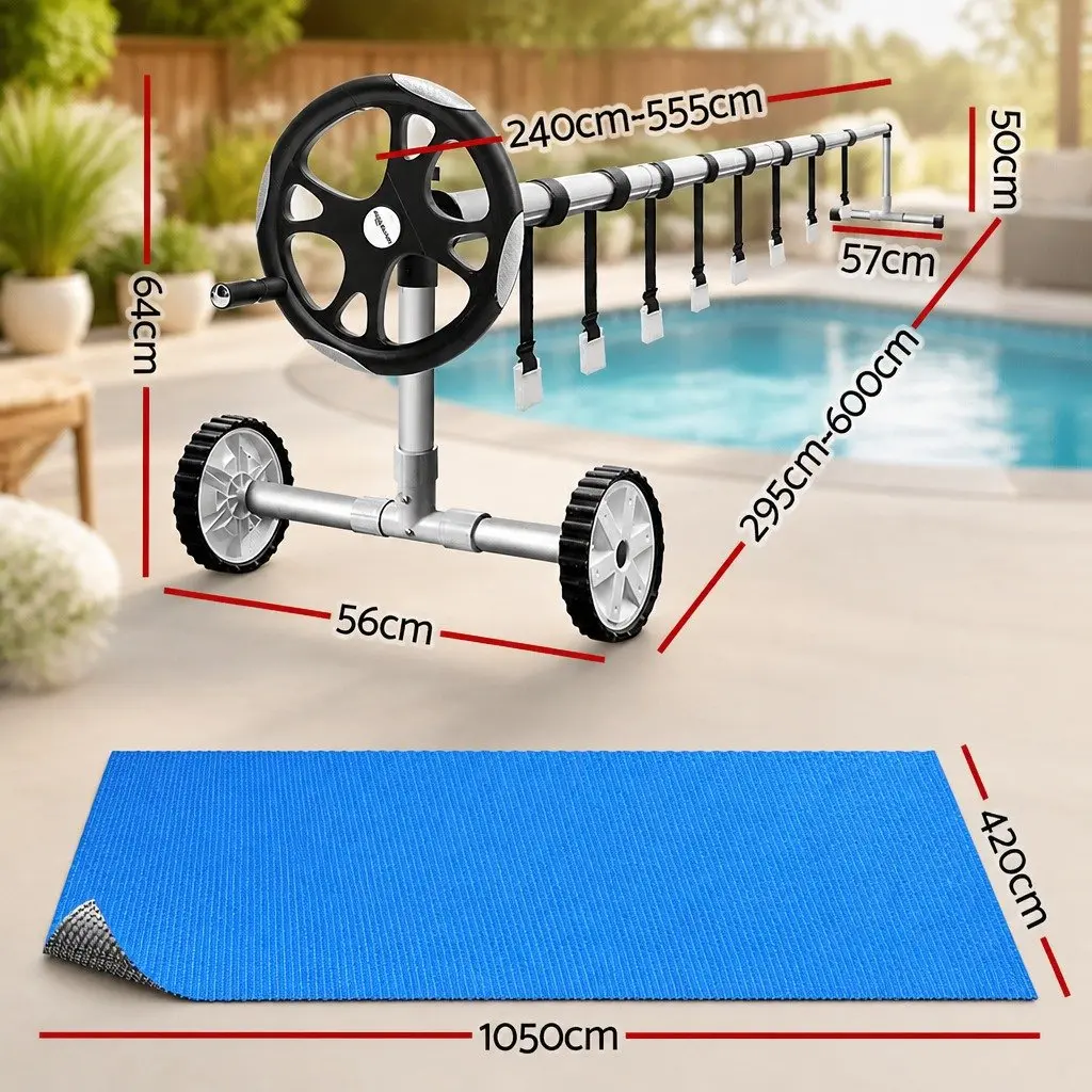 Solar Pool Cover and Roller System 10.5x4.2m 600 Micron Blue and Silver