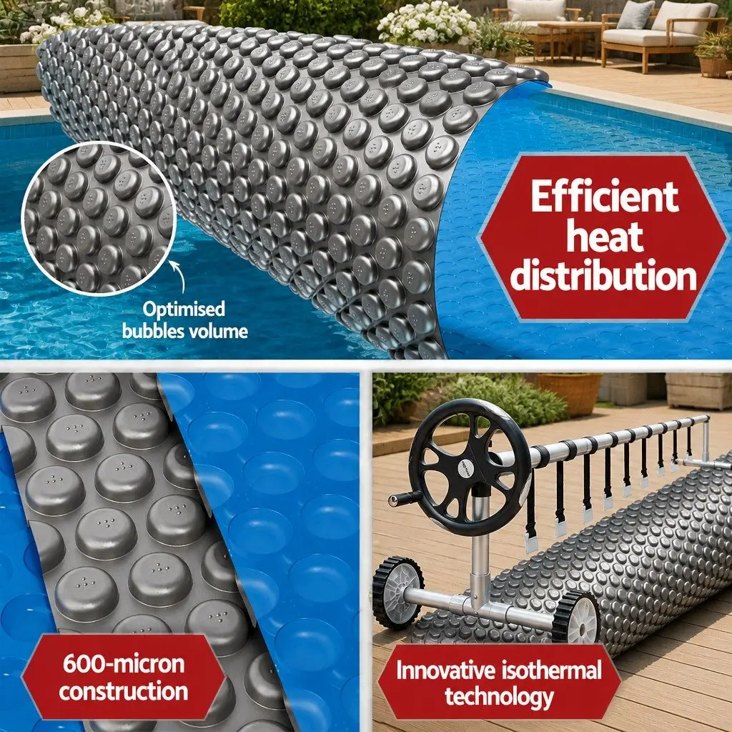 Solar Pool Cover and Roller System 10.5x4.2m 600 Micron Blue and Silver