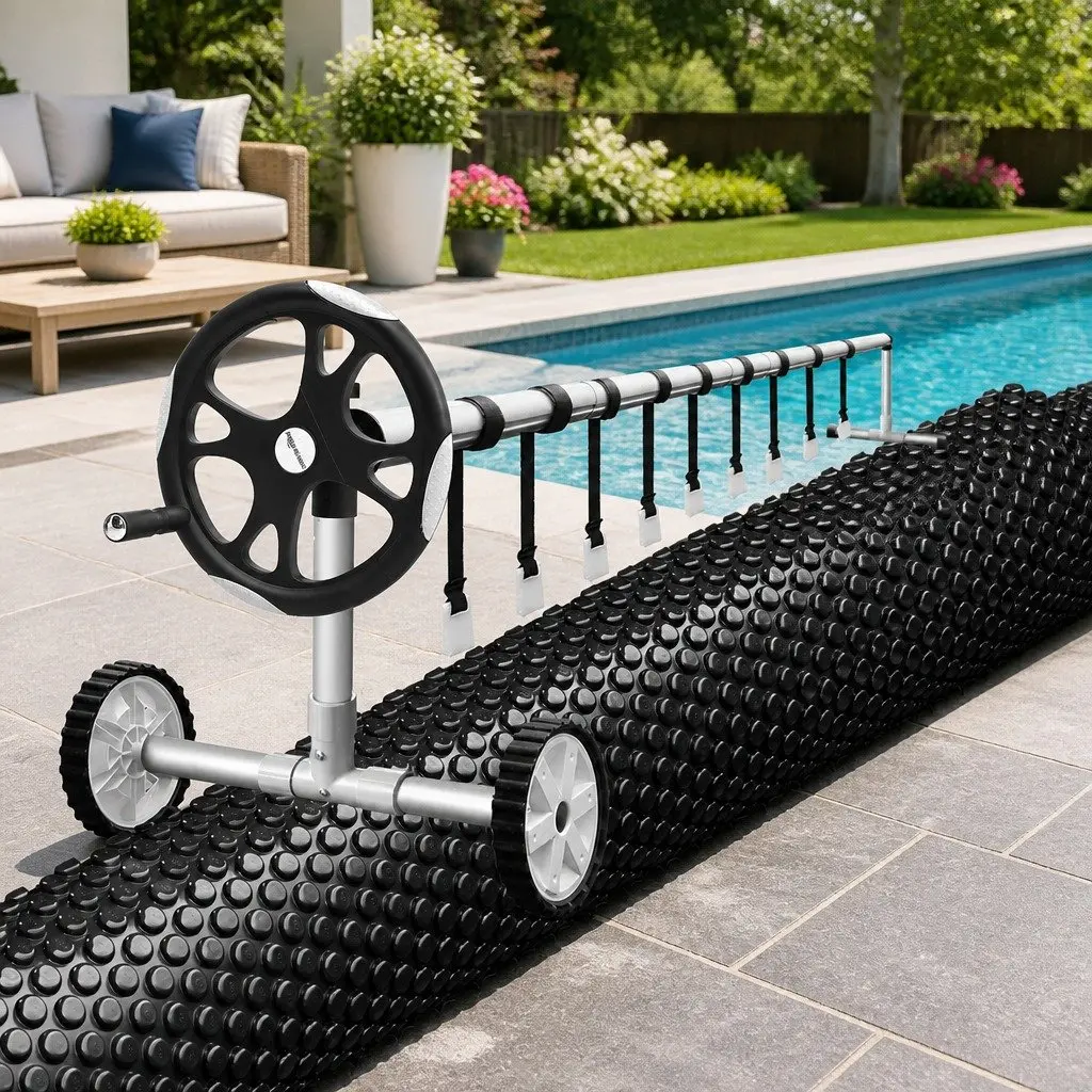 Solar Pool Cover 11x4.8m 600 Micron with Aluminium Roller 5.55m Black Blue