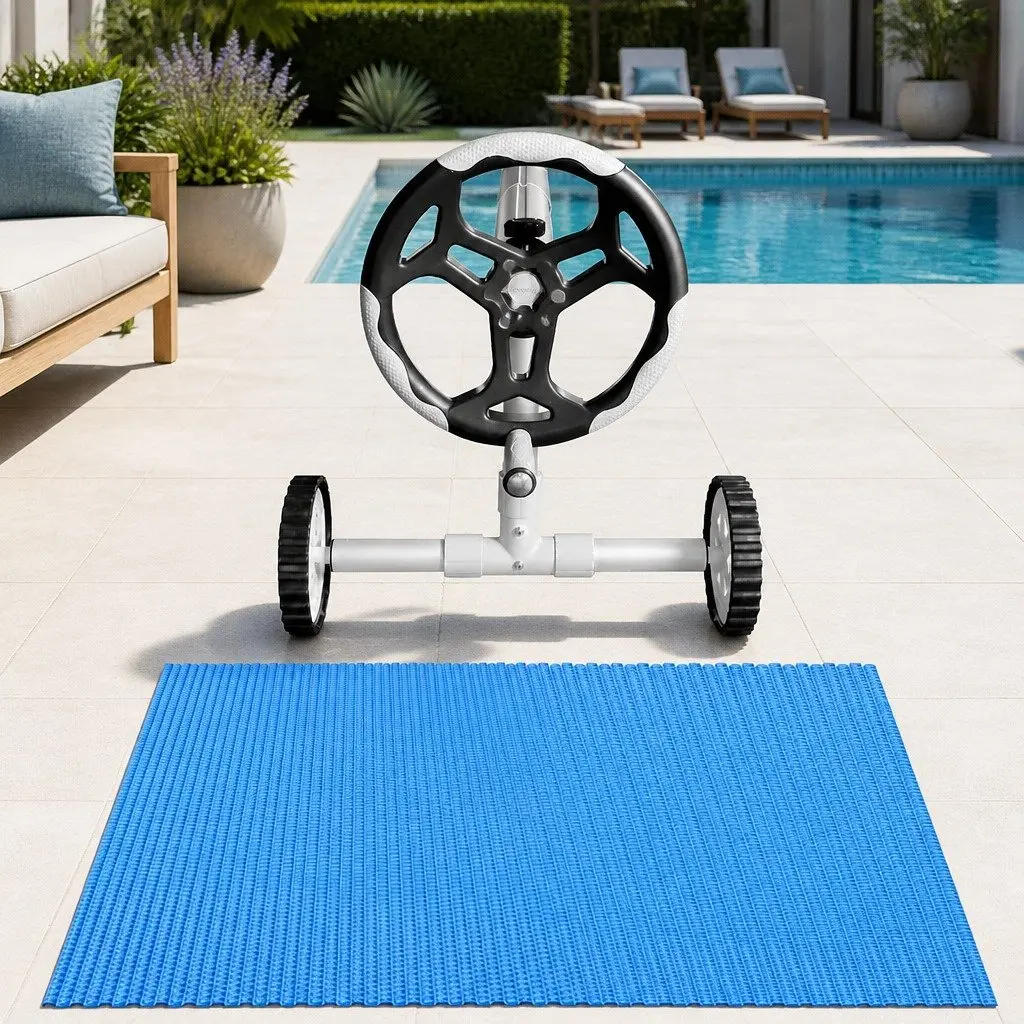 Solar Pool Cover 6.5x3m 600 Micron with Aluminium Roller 5.55m Wide Blue Bubble