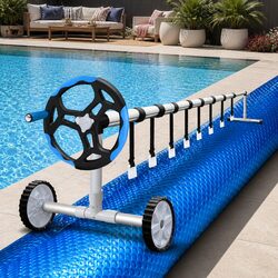 Pool Cover 6.5m x 3m Solar Blanket with Aluminium Roller 400 Micron Blue Silver