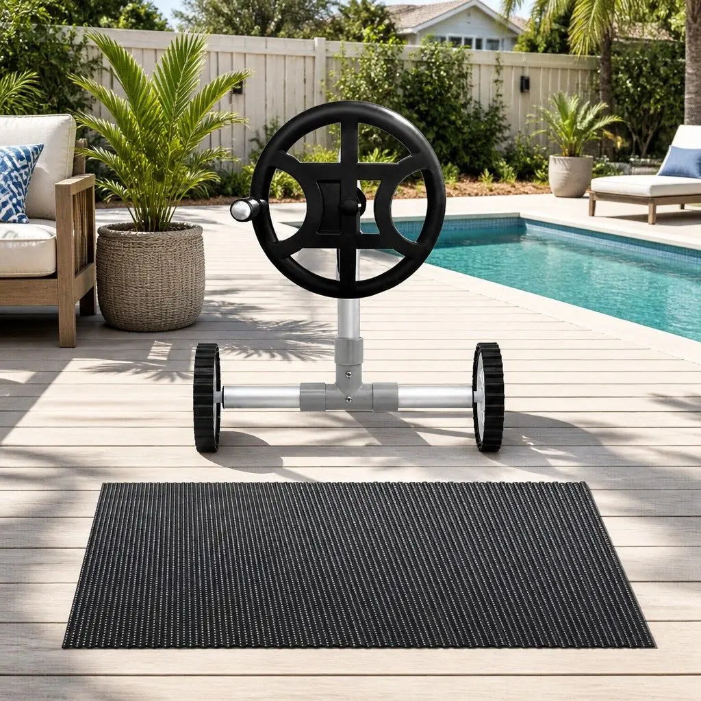 Pool Cover 7x4m 600 Micron Solar Blanket with Aluminium Roller Black Blue