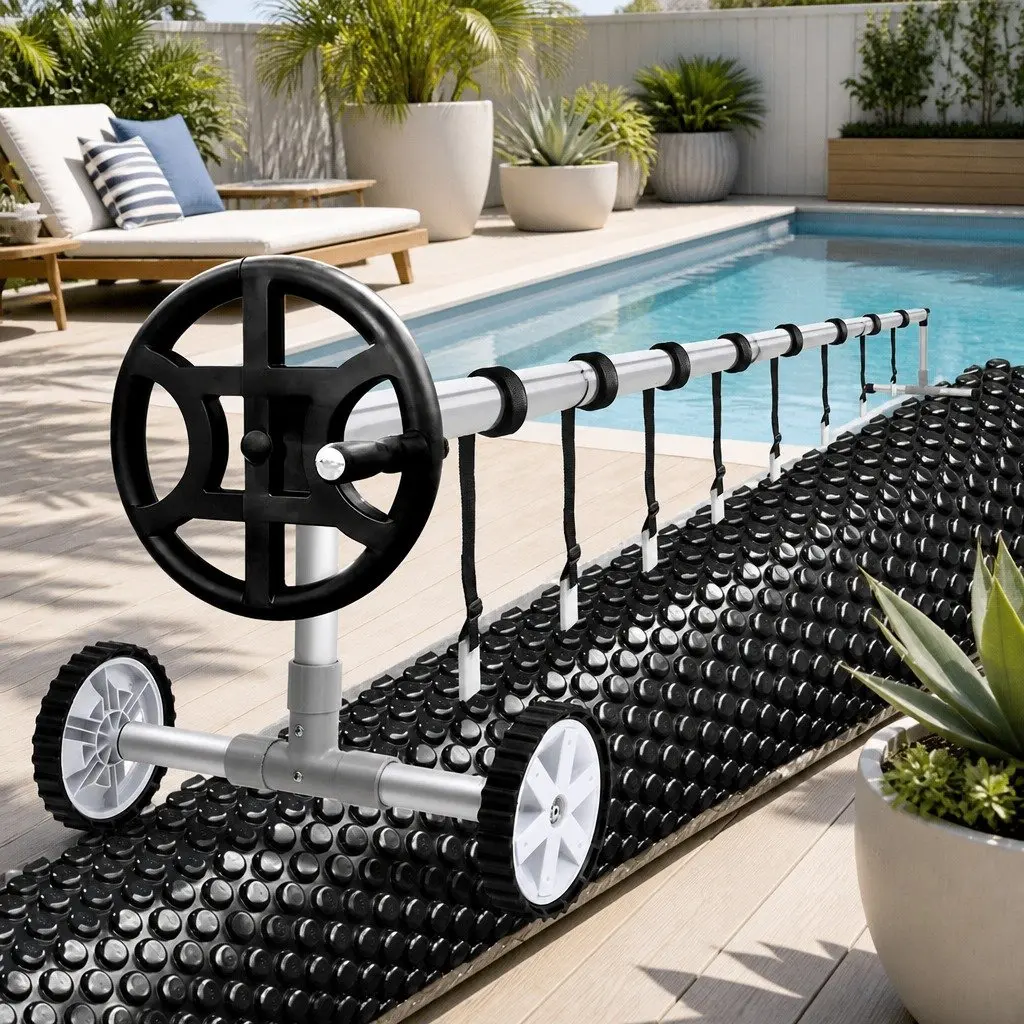 Pool Cover 7x4m 600 Micron Solar Blanket with Aluminium Roller Black Blue
