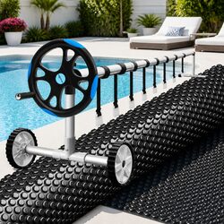 Solar Pool Cover 7x4m 600 Micron with Aluminium Roller 5.55m Black Blue