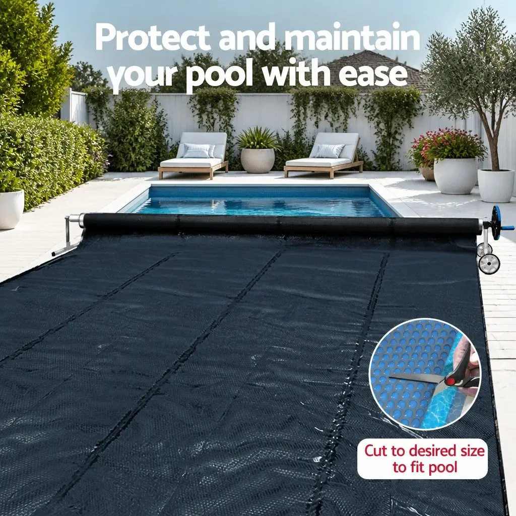 Solar Pool Cover 7x4m 600 Micron with Aluminium Roller 5.55m Black Blue